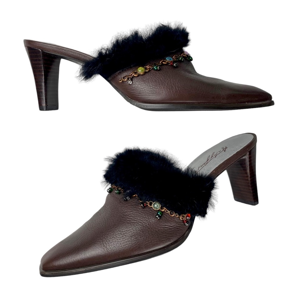 Anthropologie Brazilian Leather Fur Trim Beaded Chain Boho Western Mule Heels